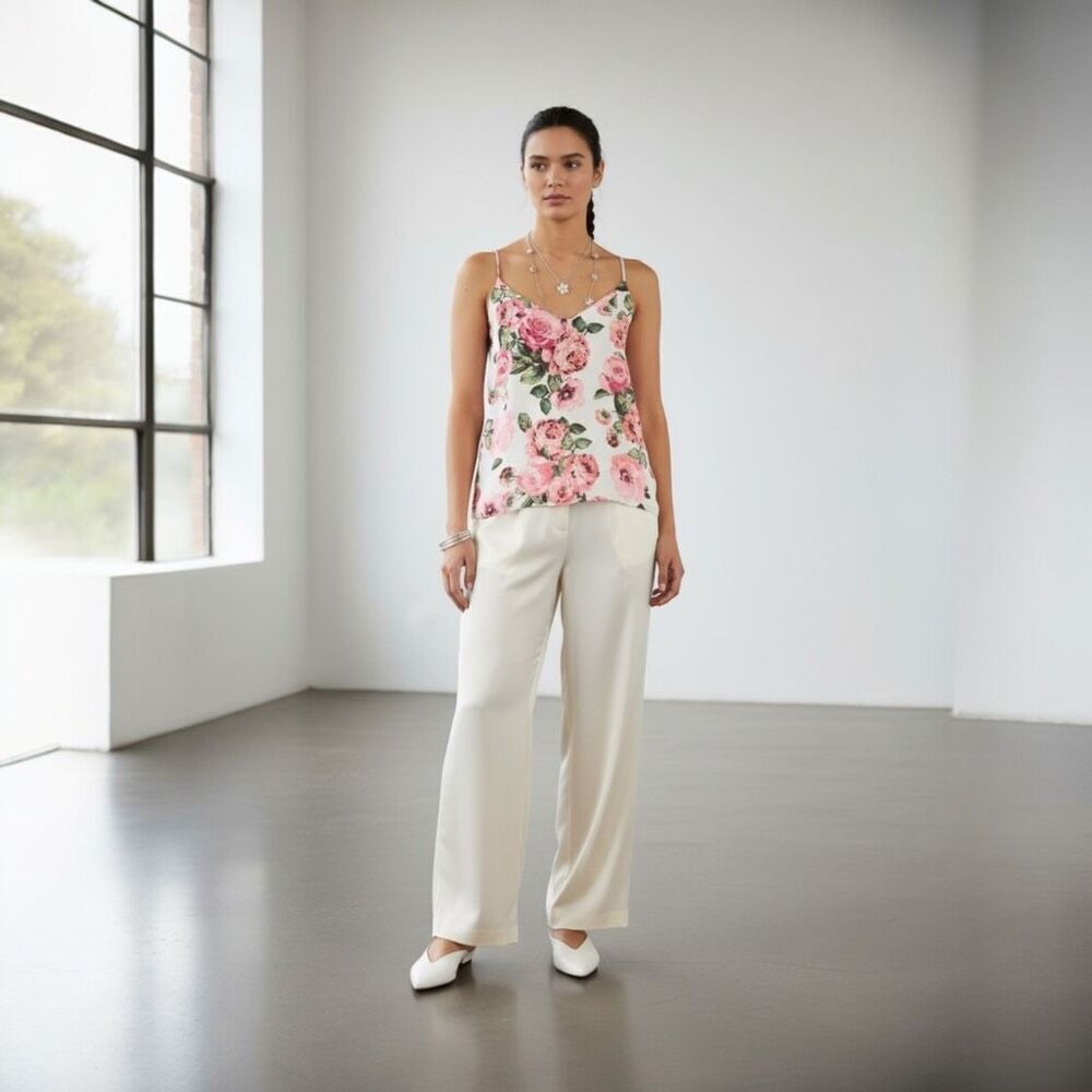 Socialite Floral Crepe Camisole Top L Romantic V-Neck Adjustable Straps,  New